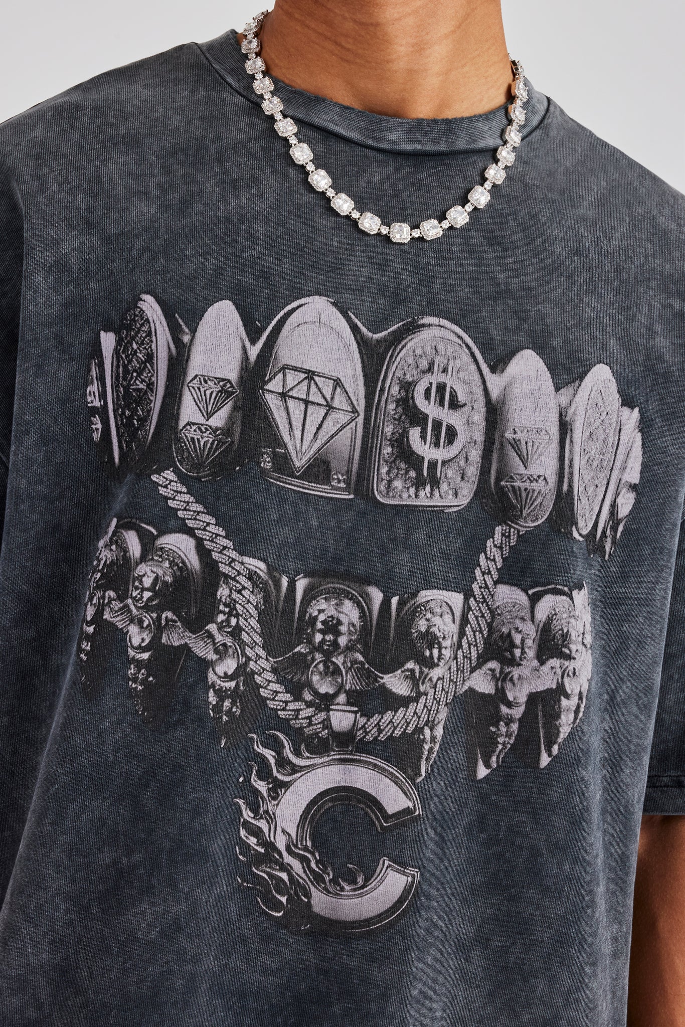 Oversize-T-Shirt mit Acid-Wash-Grafik „Diamond Grills“